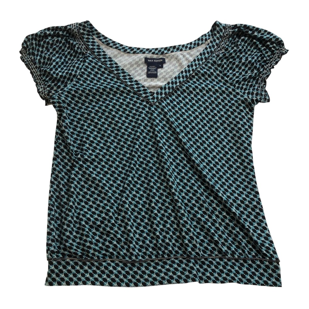 Max Edition Womens Teal Black Geometric V-Neck Cap Sleeve Blouse Large 8712W71